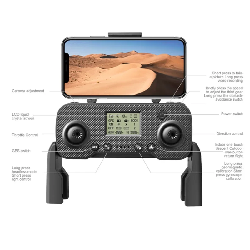 DLRC D8 PRO Drone RC Dobrável com GPS, Câmera Dupla, ESC Brushless, Quadcóptero (Evitação de Obstáculos de 360 Graus + Tela LCD RC + Lâmpada LED + 3 Baterias) - Cinza