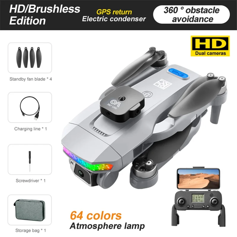 DLRC D8 PRO Drone RC Dobrável com GPS, Câmera Dupla, ESC Brushless, Quadcóptero (Evitação de Obstáculos de 360 Graus + Tela LCD RC + Lâmpada LED + 3 Baterias) - Cinza