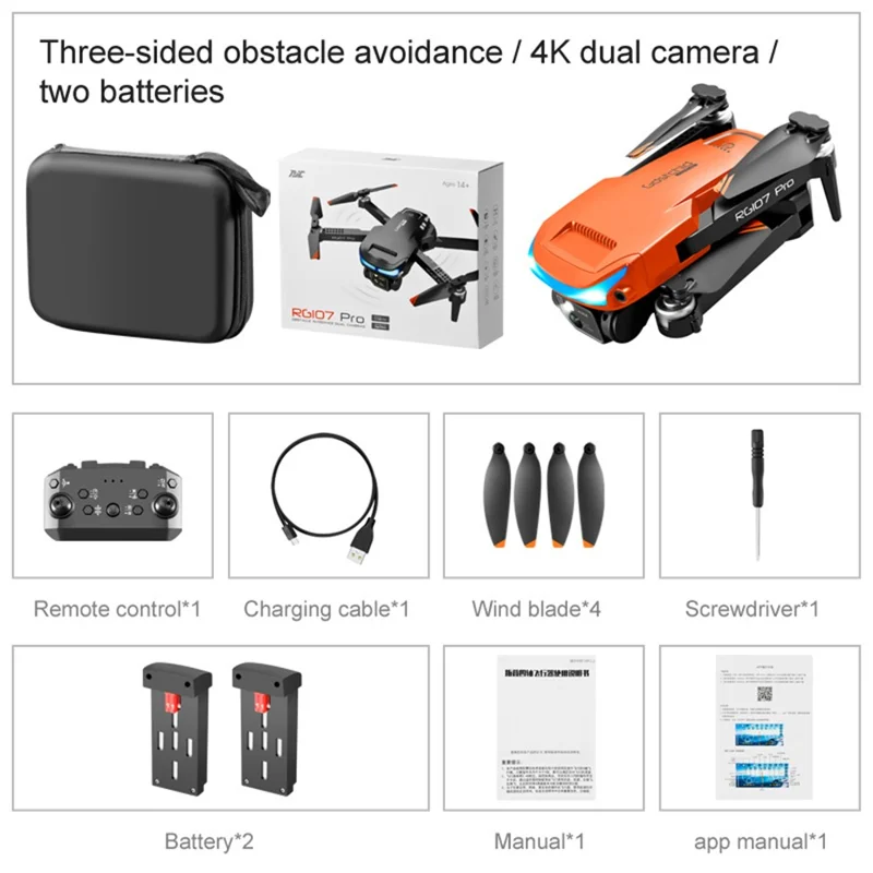 PJC RG107PRO Three-sided Obstacle Avoidance Drone Optical Flow Positioning Dual Camera RC Quadcopter, 2 Batteries - Orange