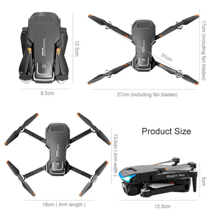 PJC RG107PRO Drone Quadricóptero de Câmera Dupla com Posicionamento Ótico e Evitação de Obstáculos Tripla, 1 Bateria - Preto 