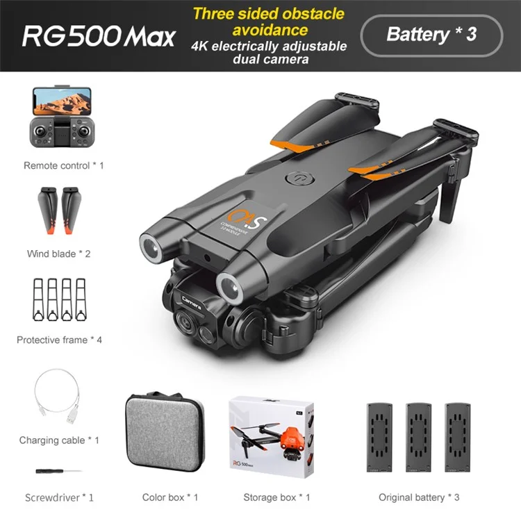 Aeronave de cuadrirrótor PJC RG500MAX con posicionamiento óptico por flujo, cámara doble y evitación de obstáculos por tres lados, 3 baterías - Negro 