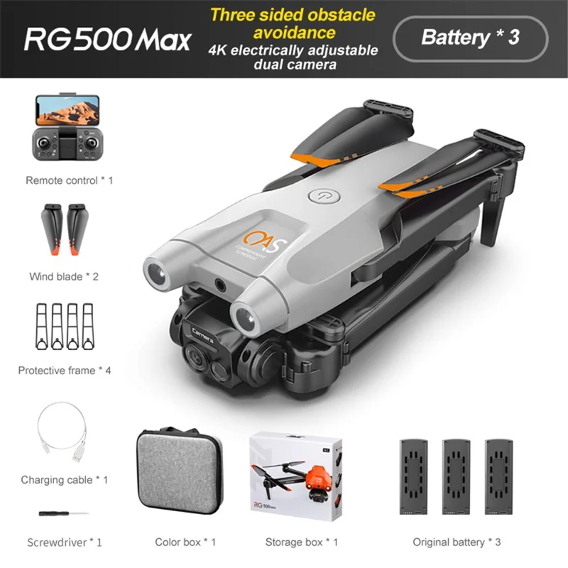 PJC RG500MAX Optical Flow Positioning Drone Aircraft Dual Camera Three-sided Obstacle Avoidance Quadcopter, 3 Batteries - Grey