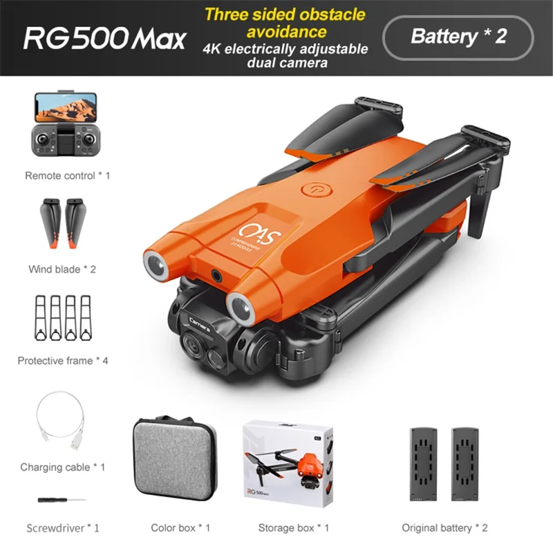 PJC RG500MAX Three-sided Obstacle Avoidance RC Drone Dual Camera Quadcopter with Optical Flow Positioning, 2 Batteries - Orange