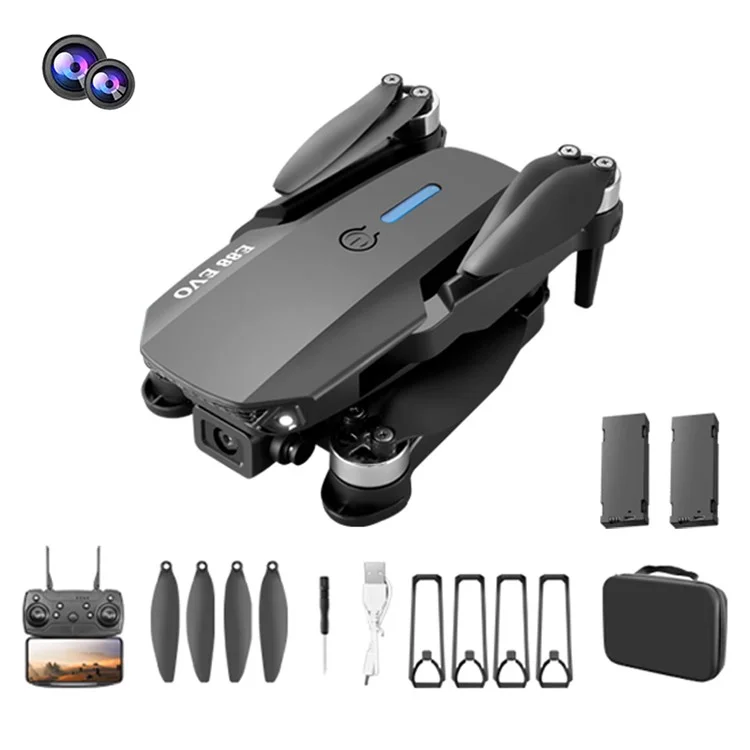 E88 EVO Optical Flow Positioning RC Aircraft Dual Camera Folding Brushless Drone, 2 Baterias - Preto