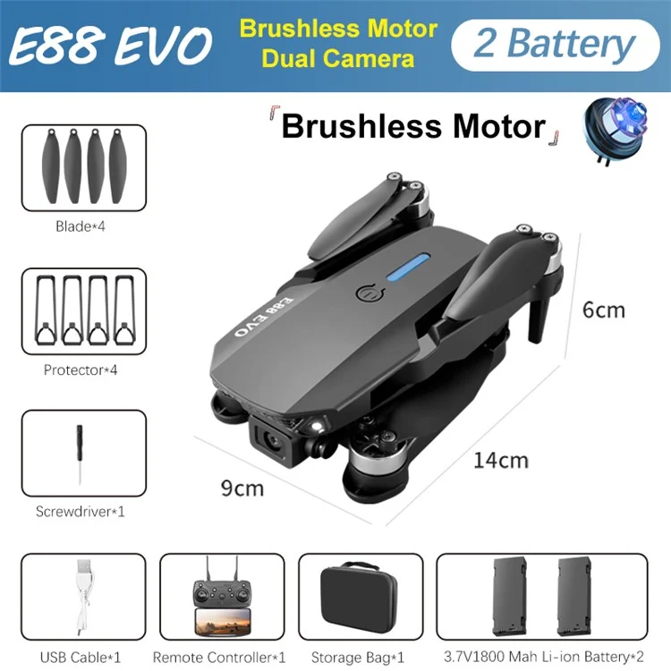 E88 EVO Optical Flow Positioning RC Aircraft Dual Camera Folding Brushless Drone, 2 Baterias - Preto