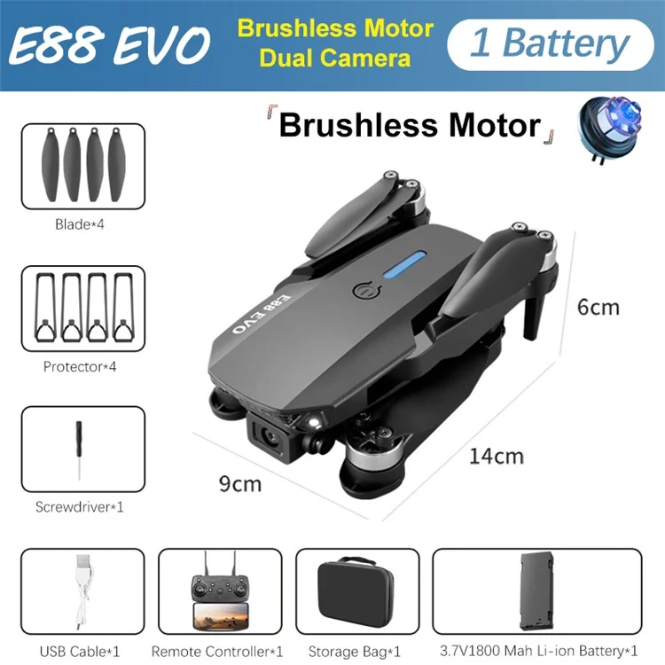 E88 EVO Optical Flow Positioning Brushless Portable Aircraft Dual Camera Folding RC Drone, 1 Bateria - Preto