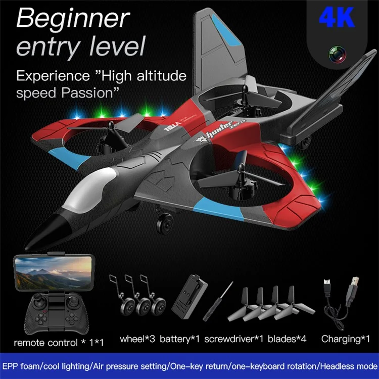 Avión RC grande de 4DRC V27 4K HD con fotografía aérea, modo sin cabeza, 1 batería - Rojo