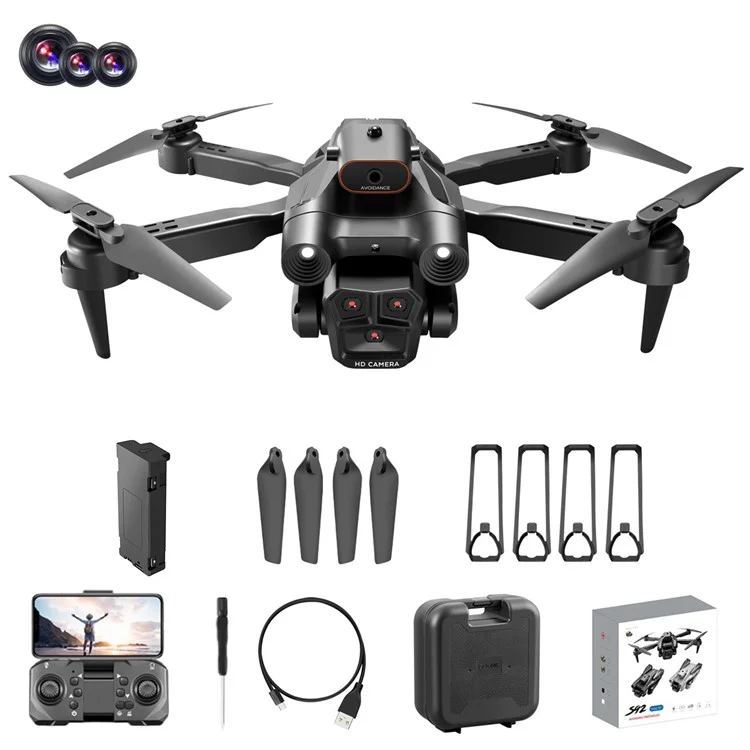 S92 Three Camera RC Drone Optical Flow Positioning 4-sids Evisace Évitement Poto Aérien Photopter Avec 1 Batterie - Noir