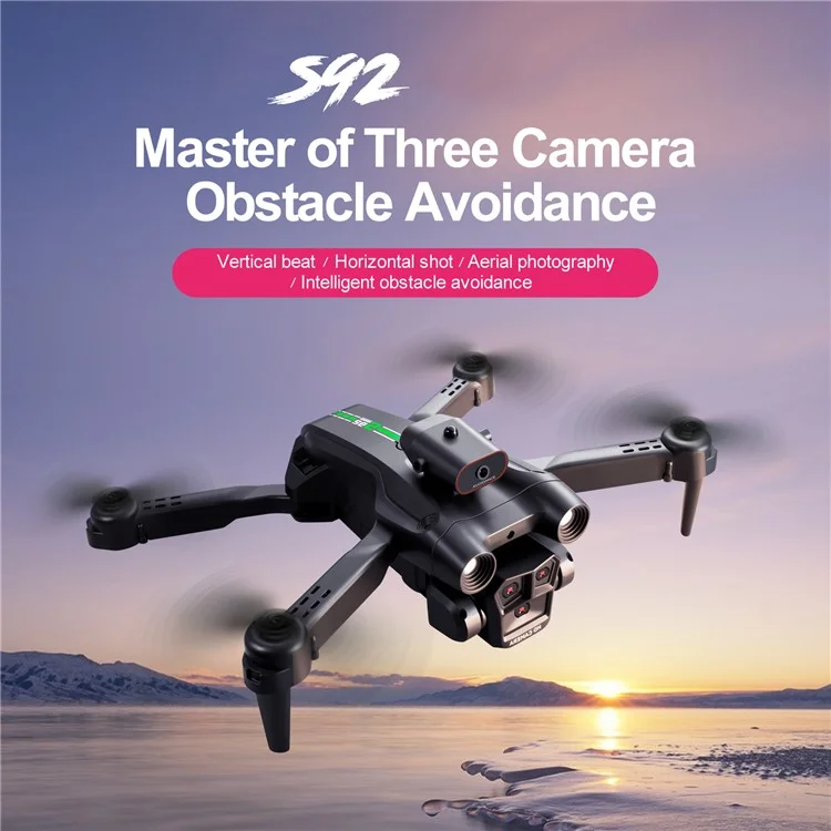 S92 Three Camera RC Drone Optical Flow Positioning 4-sids Evisace Évitement Poto Aérien Photopter Avec 1 Batterie - Noir