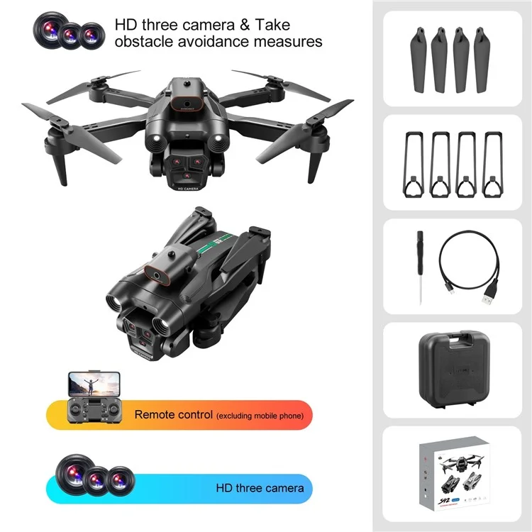 S92 Three Camera RC Drone Optical Flow Positioning 4-sids Evisace Évitement Poto Aérien Photopter Avec 1 Batterie - Noir