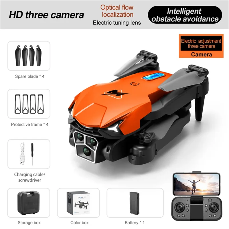 M3 Mini Drone for Kids Adults, Foldable Triple-Lens RC WiFi Quadcopter Optical Flow Height Toy with 1 Battery - Orange