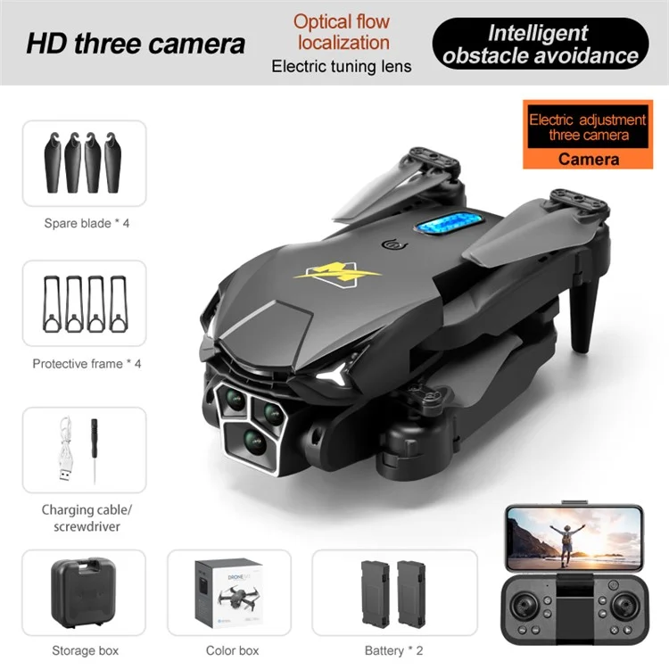 M3 Remote Control Triple-Lens Camera Drone RC Aircraft Optical Flow Hovering Quadcopter with 2 Batteries - Black