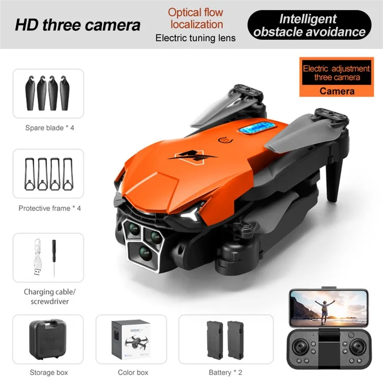 M3 Remote Control Triple-Lens Camera Drone RC Aircraft Optical Flow Hovering Quadcopter with 2 Batteries - Orange
