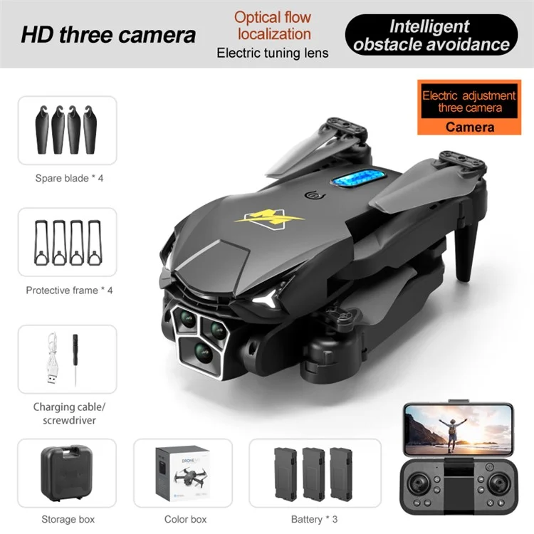 M3 Triple-lente Câmera Drone Remote Control Fluxo Óptico RC Quadcopter Com 3 Baterias - Preto