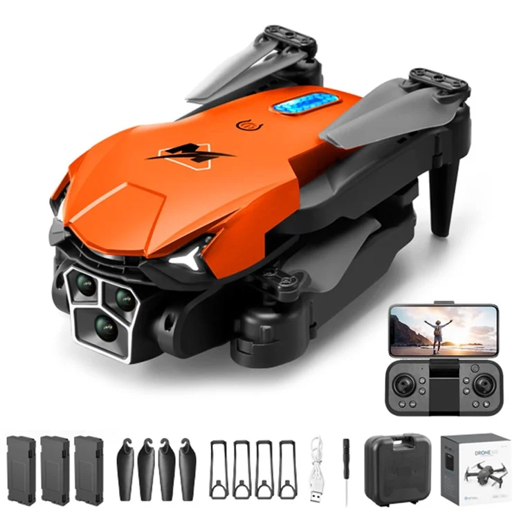 M3 Triple-Lens Camera Drone Remote Control Optical Flow RC Aircraft Quadcopter with 3 Batteries - Orange
