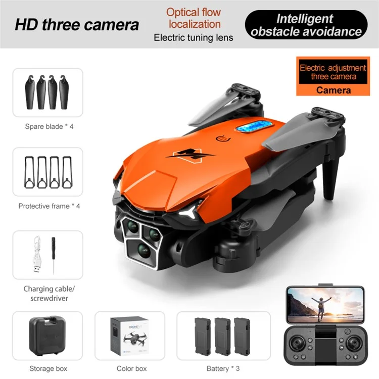 M3 Triple-Lens Camera Drone Remote Control Optical Flow RC Aircraft Quadcopter with 3 Batteries - Orange