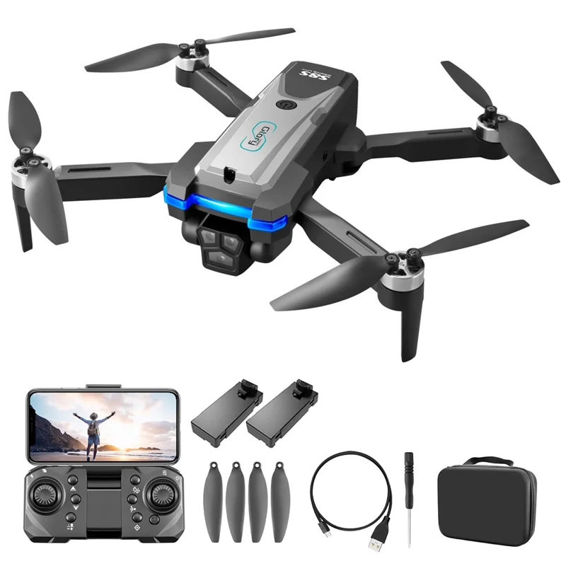 S8S RC Quadrotor Tre kameror Optisk flöde Hindervikning Brushless Drone med 2 batterier - Svart