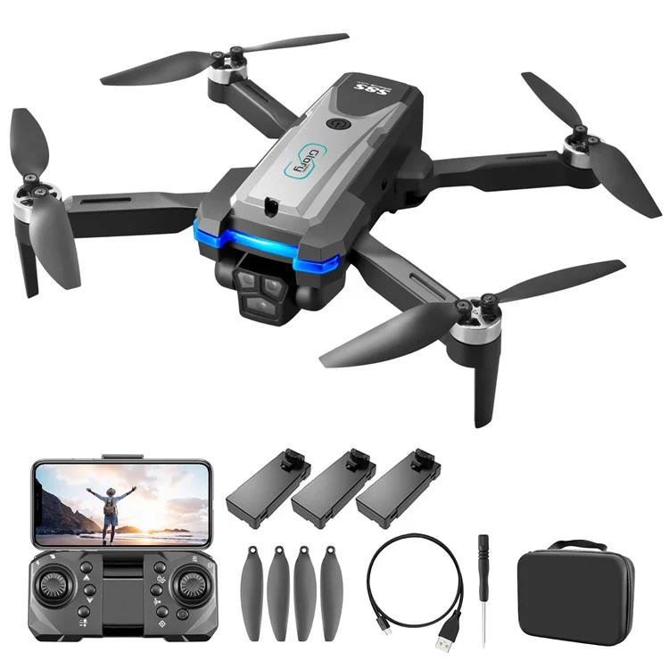 S8S Foldable RC Drone Three Camera Optical Flow Brushless Quadrotor with 3 Batteries - Black
