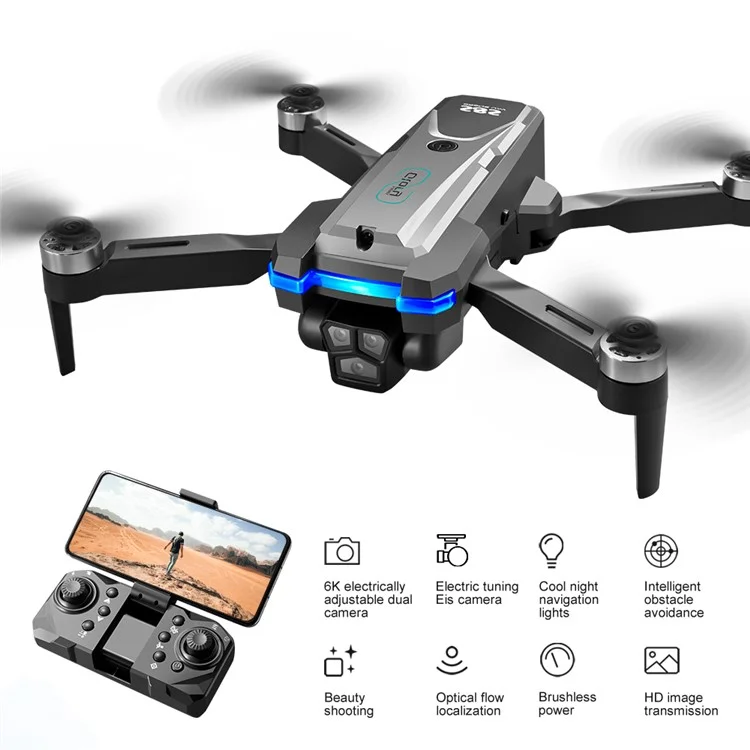 S8S Foldable RC Drone Three Camera Optical Flow Brushless Quadrotor with 3 Batteries - Black