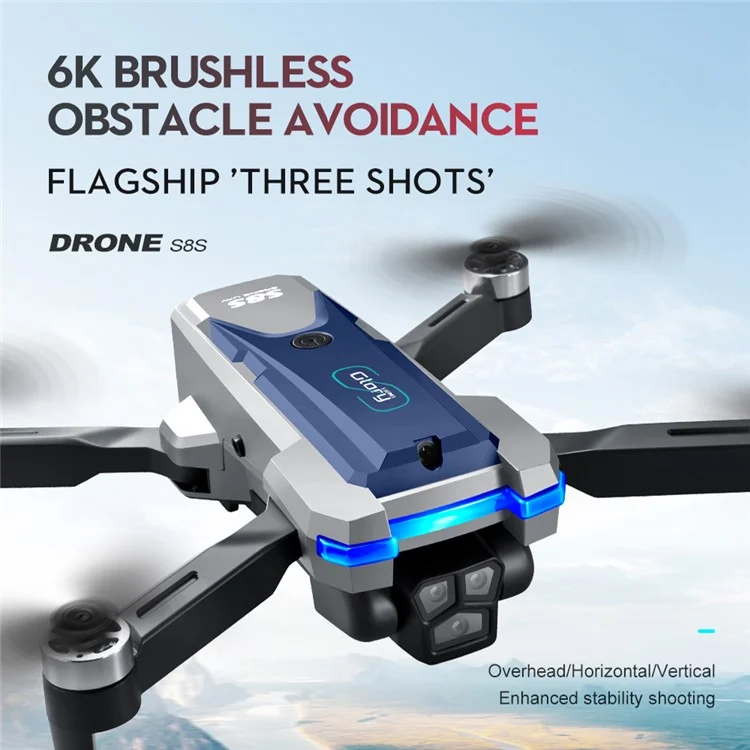 S8S Foldable RC Drone Three Camera Optical Flow Brushless Quadrotor with 3 Batteries - Black