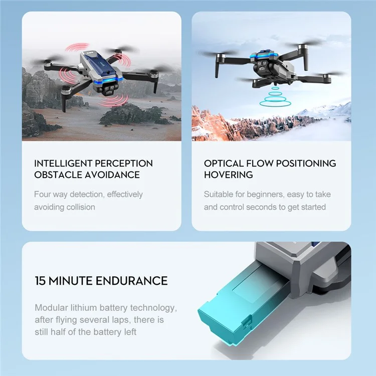 S8S Foldable RC Drone Three Camera Optical Flow Brushless Quadrotor with 3 Batteries - Black