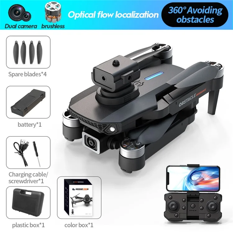 E88S HD Aerial Photo Brushless Motor Aircraft Obstacle Avoidance Optical Flow Positioning RC Drone, Single Battery - Black