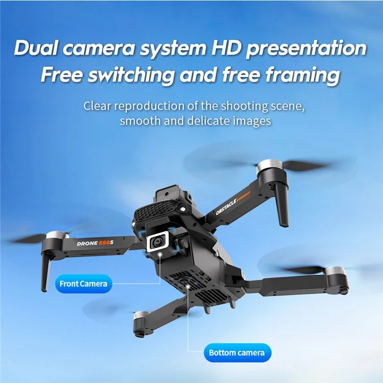 E88S HD Aerial Photo Brushless Motor Aircraft Obstacle Avoidance Optical Flow Positioning RC Drone, Single Battery - Black