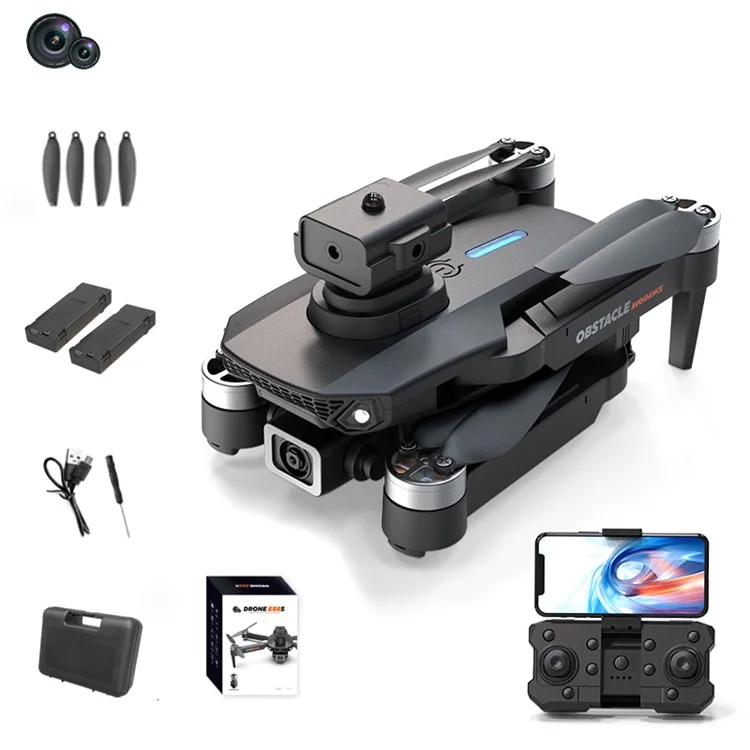 E88S HD Aerial Photo Obstacle Avoidance Aircraft Optical Flow Positioning Brushless Motor RC Drone, 2 Baterias - Preto