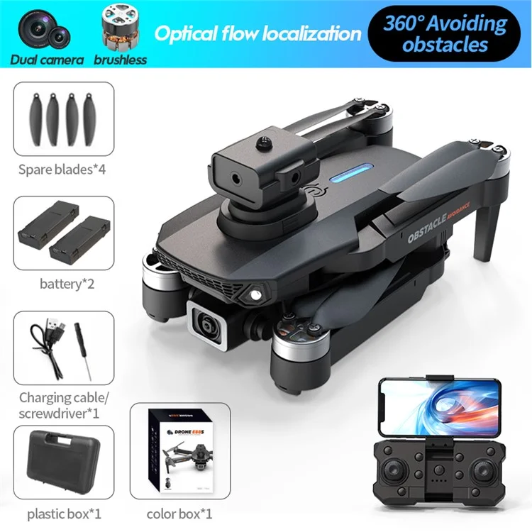 E88S HD Aerial Photo Obstacle Avoidance Aircraft Optical Flow Positioning Brushless Motor RC Drone, 2 Baterias - Preto