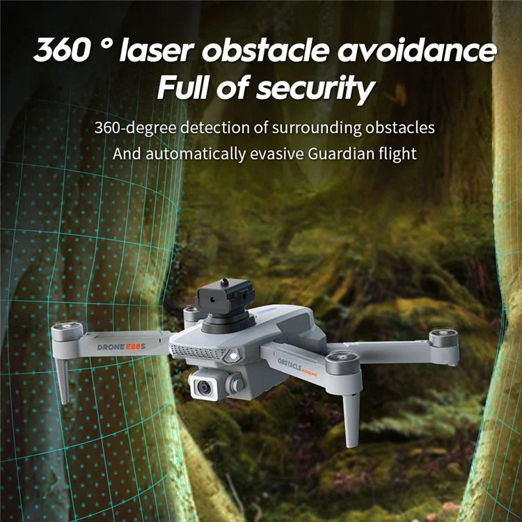 E88S HD Aerial Photo Obstacle Avoidance Aircraft Optical Flow Positioning Brushless Motor RC Drone, 2 Baterias - Preto