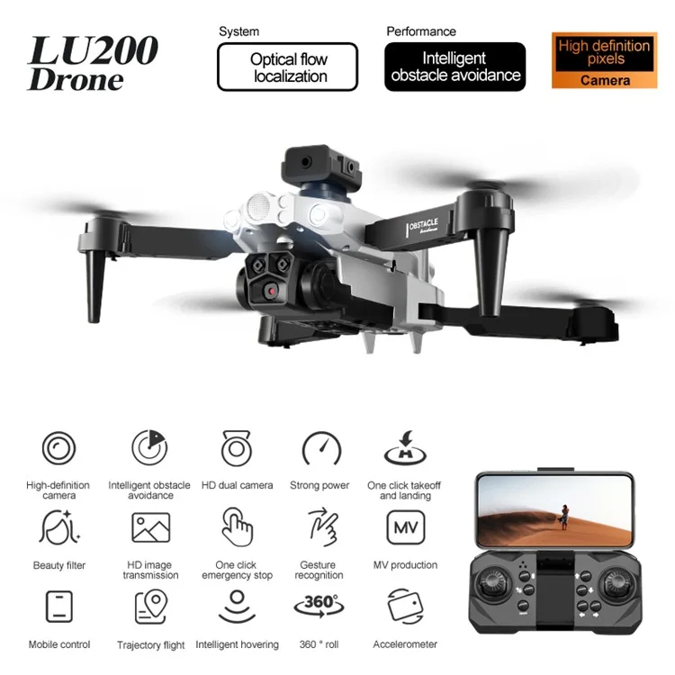 LU200 HD Camera RC Drone Optical Flow Wovering Remote Control Aircraft Avec 2 Batteries