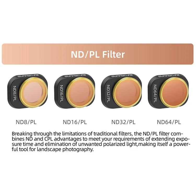 SUNNYLIFE N4P-FI728 For DJI Mini 4 Pro 4Pcs / Set Ajustable ND8 / PL+ND16 / PL+ND32 / PL+ND64 / PL Filtros de Lente de Cristal Óptico