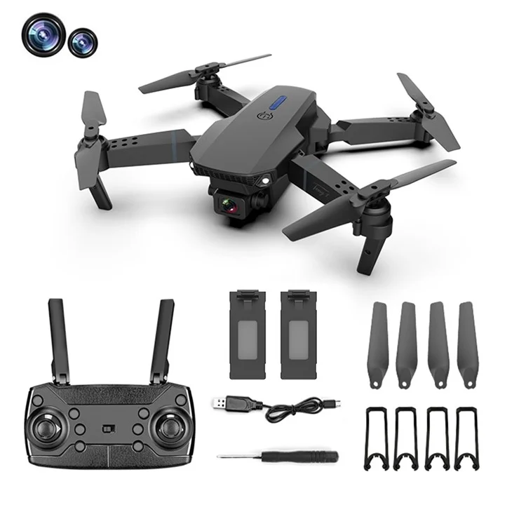 E88 Pro Folding RC Drone con Cámaras Dobles Fotografía Aérea 4K HD Aeronave, Baterías Dobles - Negro