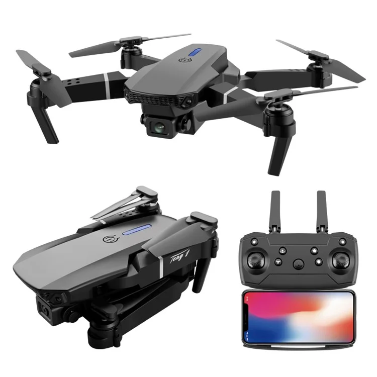 E88 Pro Folding RC Drone con Cámaras Dobles Fotografía Aérea 4K HD Aeronave, Baterías Dobles - Negro