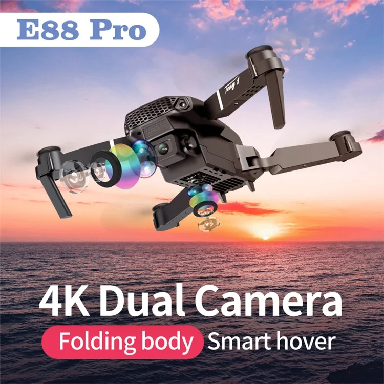 E88 Pro Folding RC Drone con Cámaras Dobles Fotografía Aérea 4K HD Aeronave, Baterías Dobles - Negro