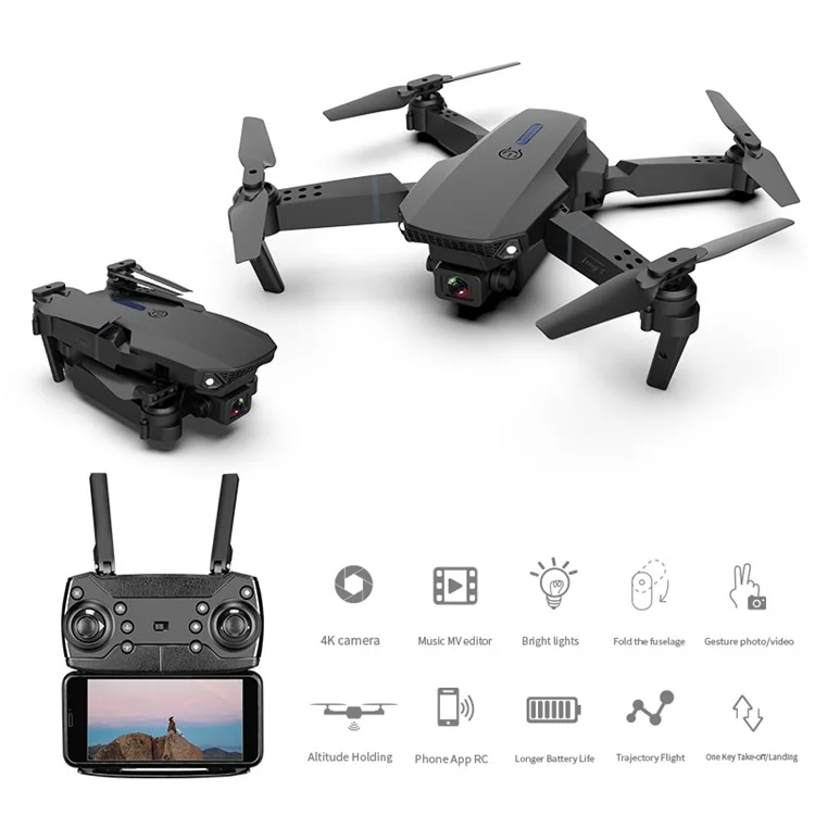 E88 Pro Folding RC Drone con Cámaras Dobles Fotografía Aérea 4K HD Aeronave, Baterías Dobles - Negro