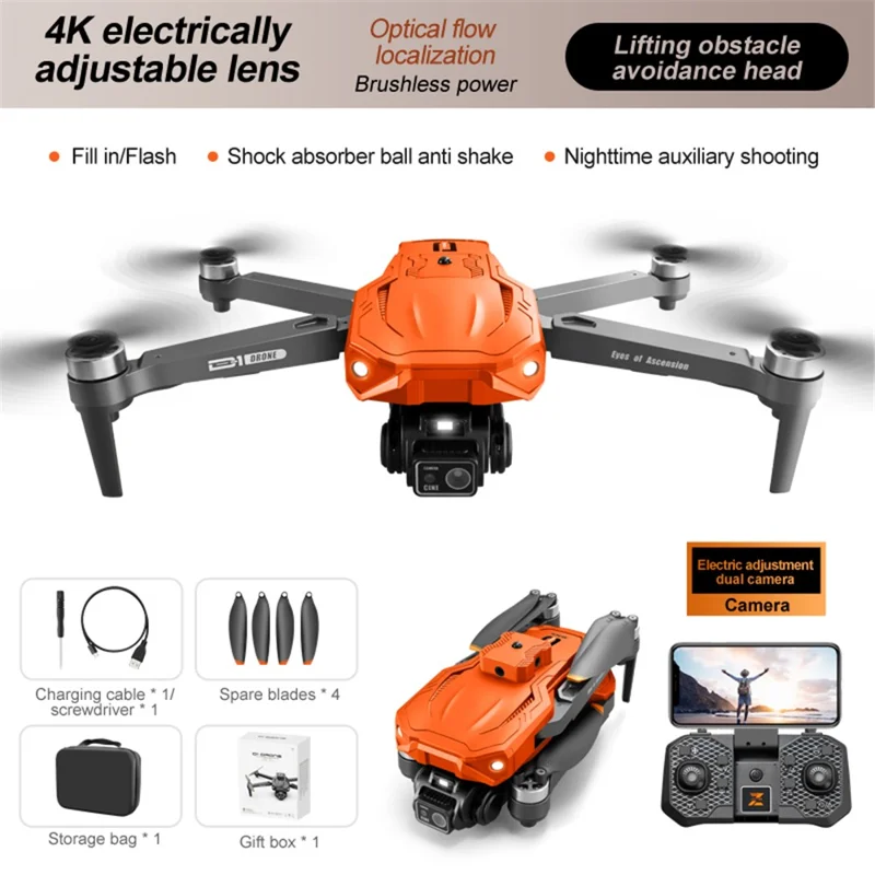 D1 HD Dual Camera Brushless Aircraft Obstacle Avoidance Optical Flow Positioning RC Drone, 1 Battery - Orange