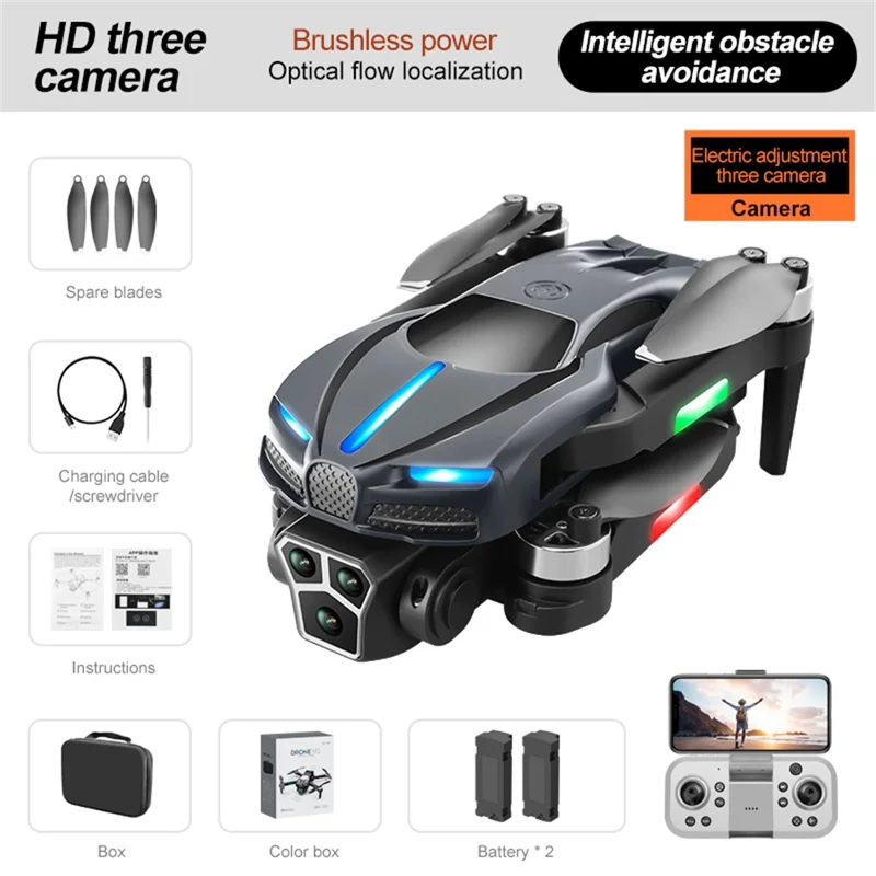 M2 Folding RC Drone con Tre Telecamere di Posizionamento a Flusso Ottico, Motore Brushless RC Quadcopter con 2 Batterie - Grigio