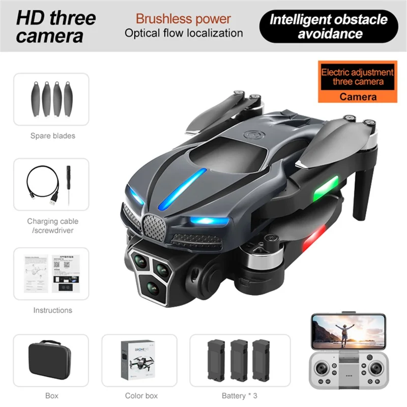 M2 Optical Flow Positioning Folding RC Drone with Three Camera Brushless Motor Quadcopter with 3 Batteries - Grey