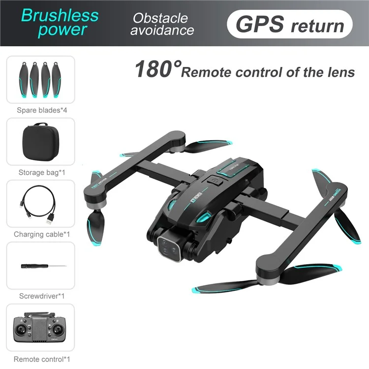 S188 Brushless Obstacle Avoidance Aircraft HD Aerial Photography GPS Positioning Drone, 2 Baterías - Negro