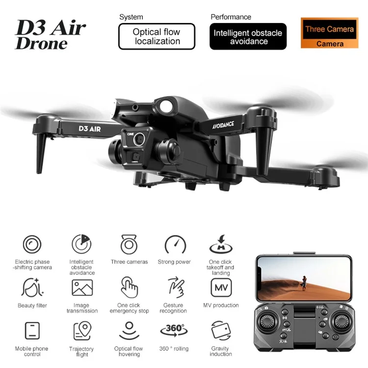 D3 Obstacle Avoidance Aircraft HD Aerial Photography Optical Flow Positioning Drone, 2 Batteries - Black