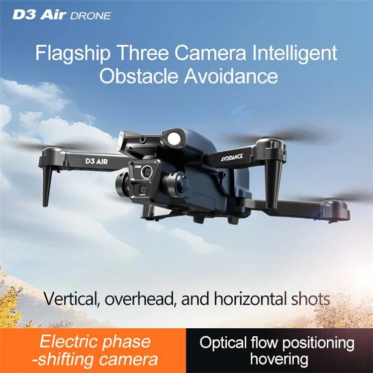 D3 Obstacle Avoidance Aircraft HD Aerial Photography Optical Flow Positioning Drone, 2 Batteries - Black