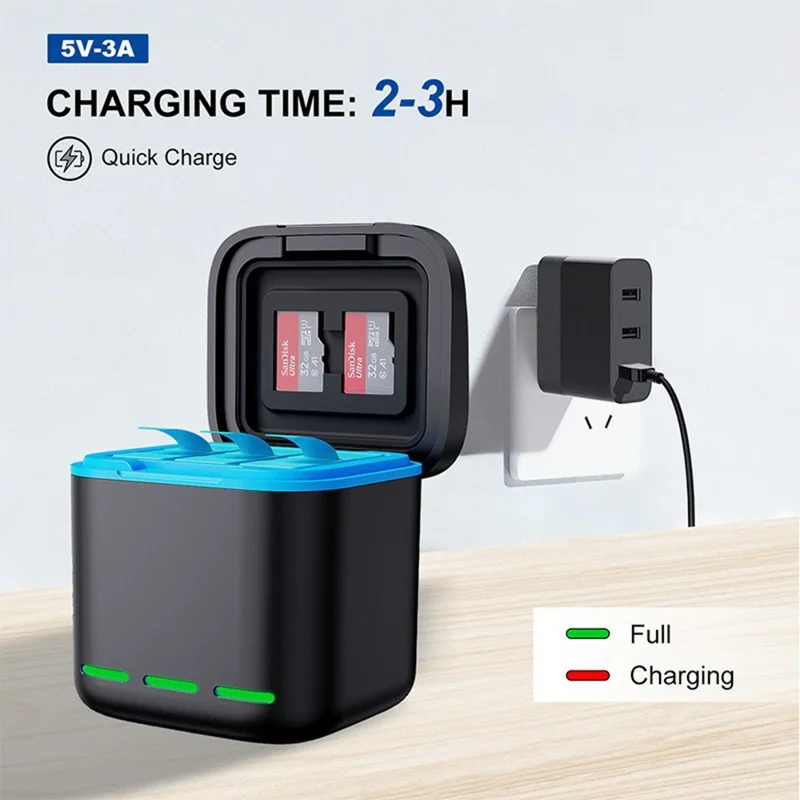 3-Channel USB Battery Charger for GoPro Hero 13 Battery Charging Case TF Card Storage Box - Black