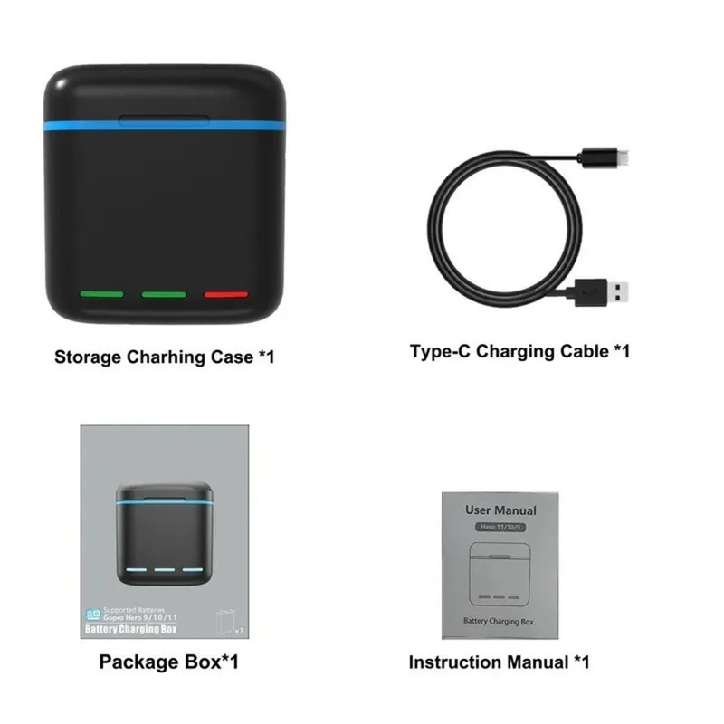3-Channel USB Battery Charger for GoPro Hero 13 Battery Charging Case TF Card Storage Box - Black