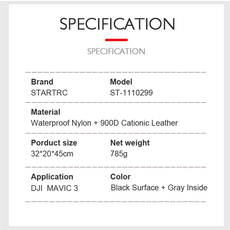 Startrc 1110299 Backpack in Nylon Impermeabile Per il Trasporto di Accumulo di Droni DJI Mavic 3