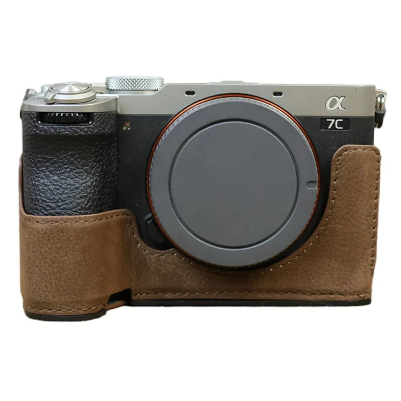 Für Sony A7C II / A7CR Kamera Bodengehäuse Echtes Rindsleder Anti-Drop Half Body Cover mit Batterie-Öffnung - Kaffee