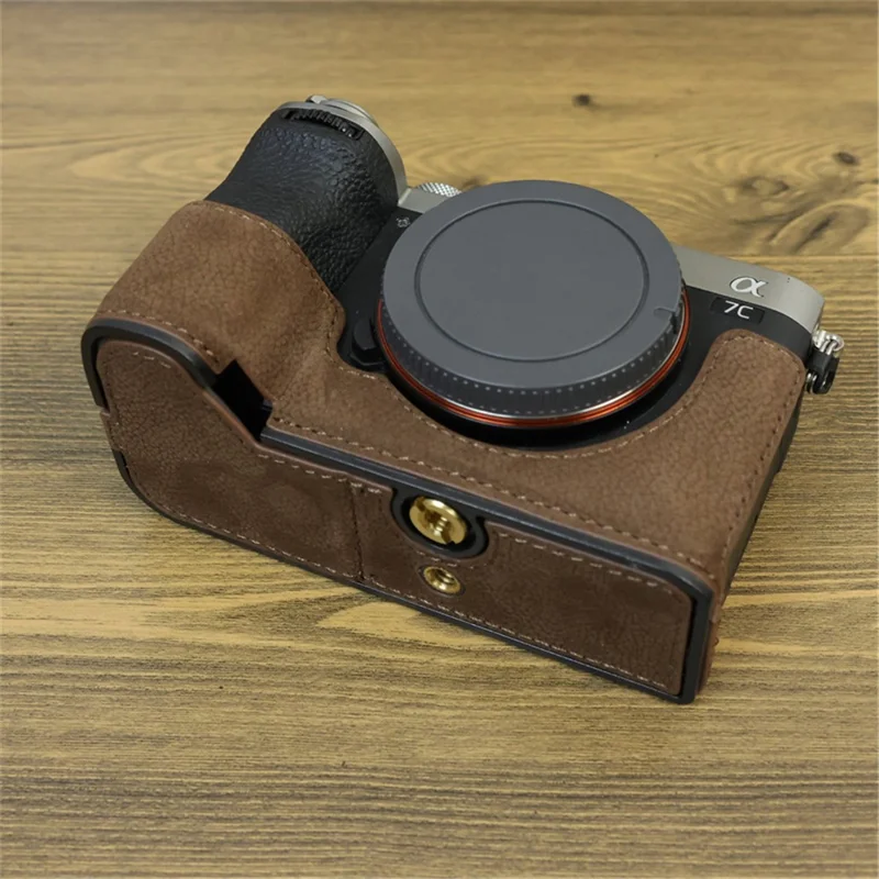 Für Sony A7C II / A7CR Kamera Bodengehäuse Echtes Rindsleder Anti-Drop Half Body Cover mit Batterie-Öffnung - Kaffee