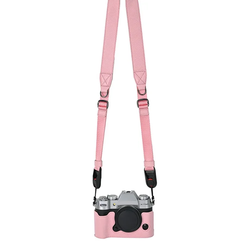 For Fujifilm X-T50 Camera Case Large Opening Genuine Cow Leather Protector with Shoulder Strap - Pink