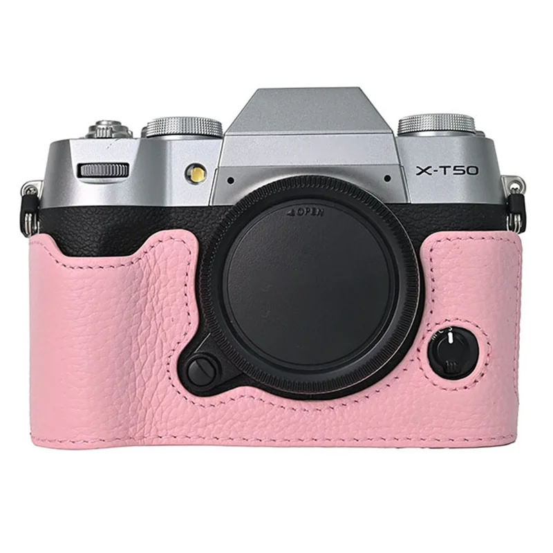 For Fujifilm X-T50 Camera Case Large Opening Genuine Cow Leather Protector with Shoulder Strap - Pink