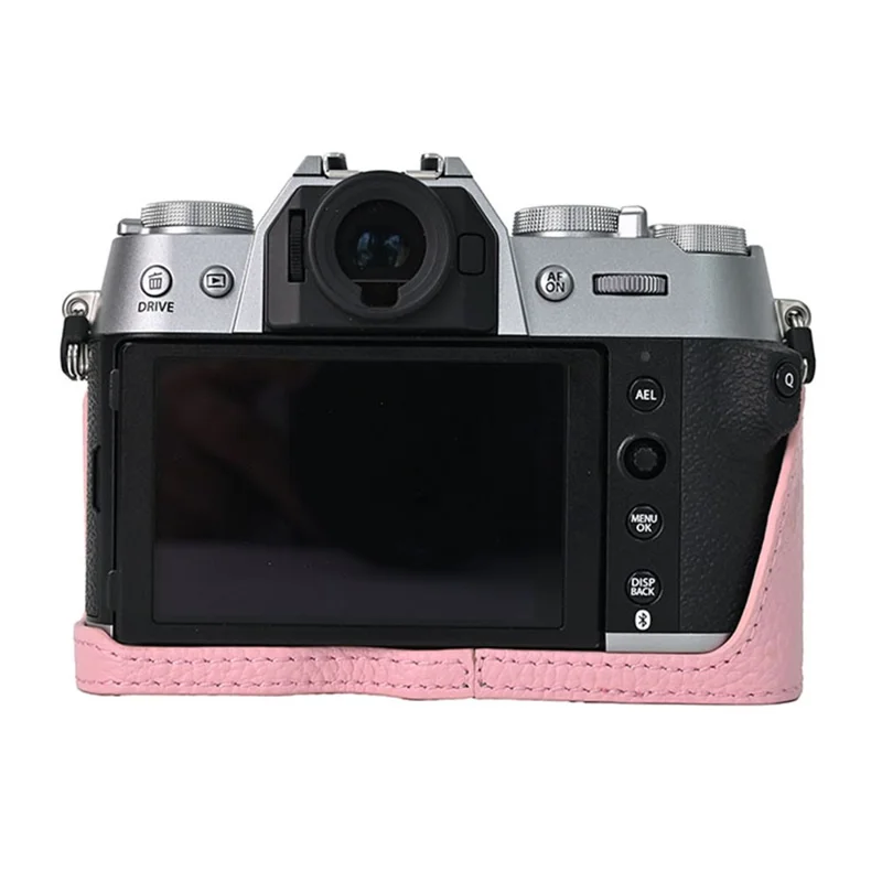 For Fujifilm X-T50 Camera Case Large Opening Genuine Cow Leather Protector with Shoulder Strap - Pink